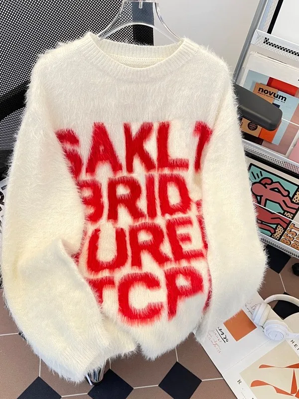 

Ретро американский меховой трикотаж с вышивкой букв, свободный мягкий модный осенне-зимний свитер для мужчин и женщин, повседневный трикотаж