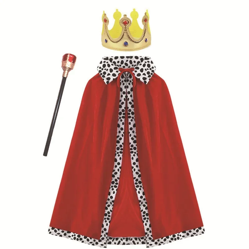 King Costume For Kids Aldult Red Cloak Robe Crown Boys Royal Prince Cape Halloween Cosplay Dress Up Children's Day Gift Party