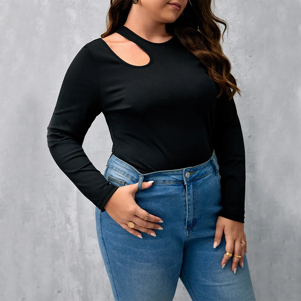 Plus Size Women's Black Threaded Knitted Sweater Crew Neck Long Sleeve Bottom Shirt Slim Fit Hollow Top oversized t shirt