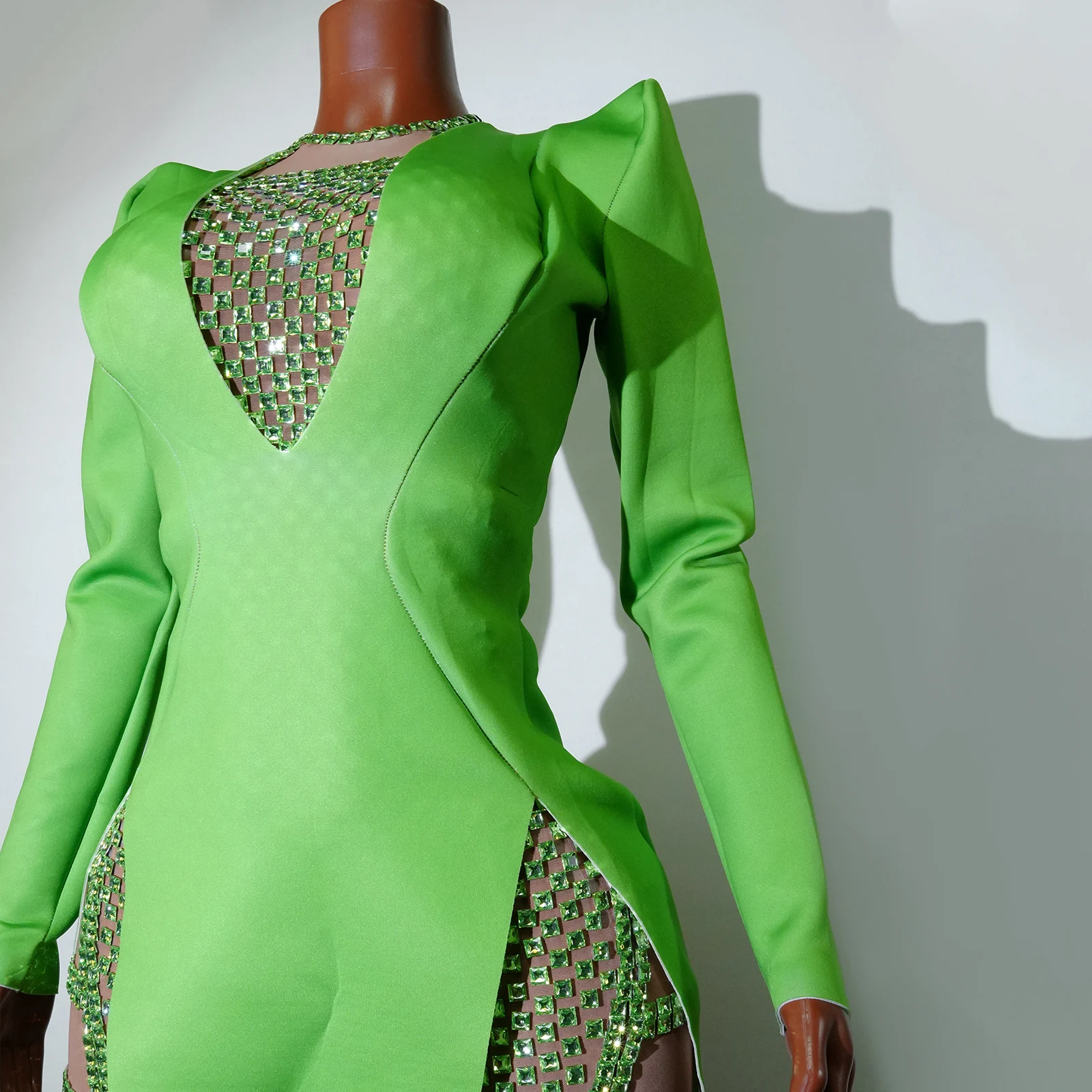 New Shiny Rhinestone Green Short Dress 2Pcs Set Skirt Mini Club Celebrity Runway Party  Birthday Prom Stage Show Queen Outfit