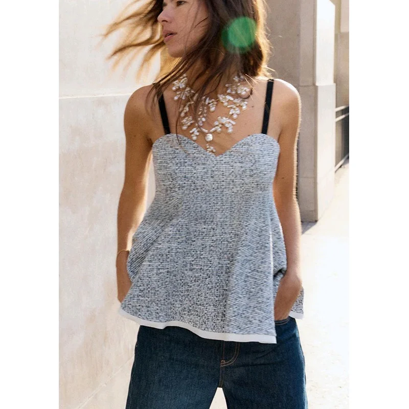 Spring New Women's Faionable Splice Texture Contrast Color Thin Strap Heart Collar Top Commute Sle Slim Fit Polyester Fiber