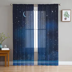 Starry Sky Moon Stars Beautiful Trees Tulle Curtains for Living Room Decoration Chiffon Sheer Voile Kitchen Bedroom Curtain
