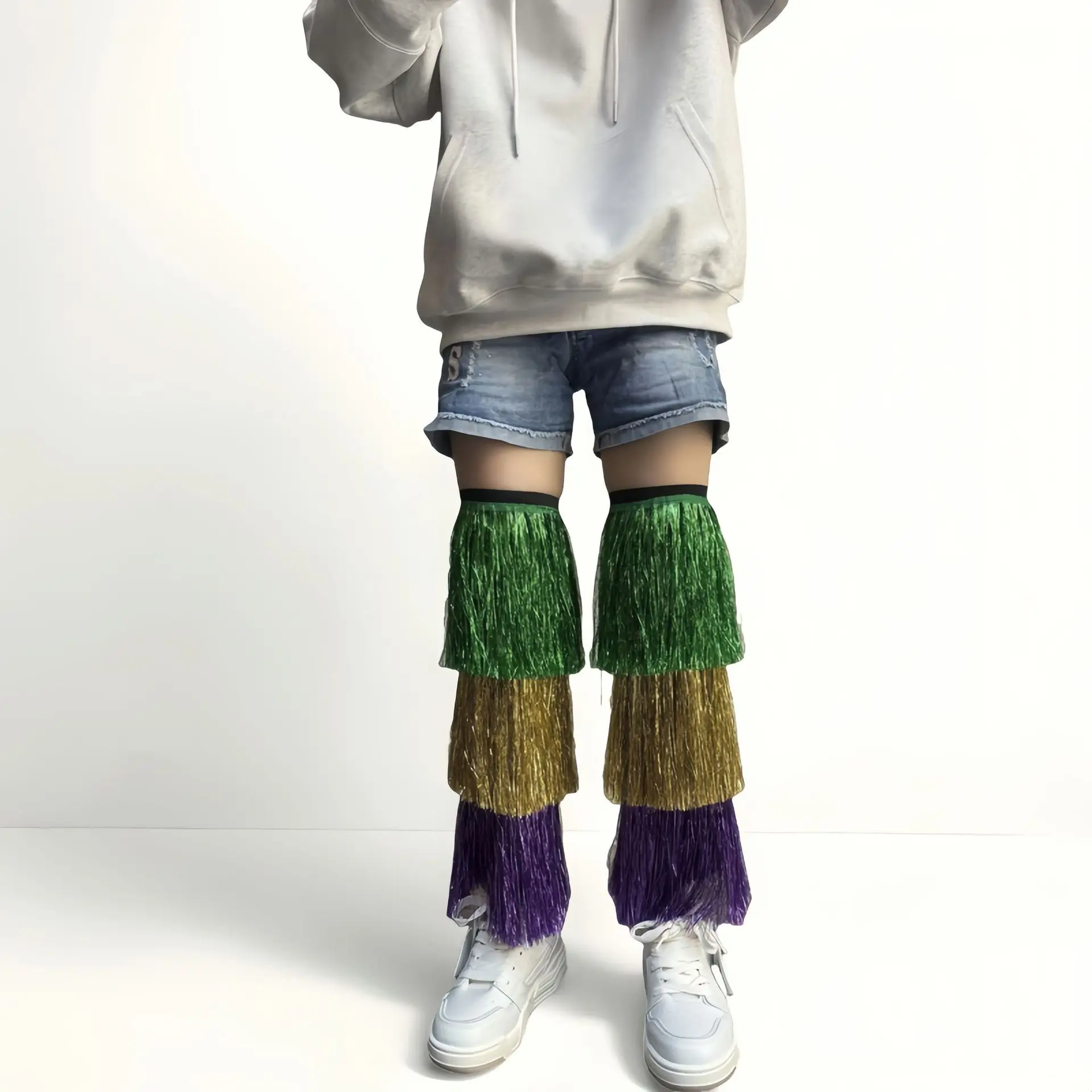 Aquecedores de pernas de carnaval para homens e mulheres, borlas metálicas, mangas de contraste, acessórios de fantasia para festa, clube, palco