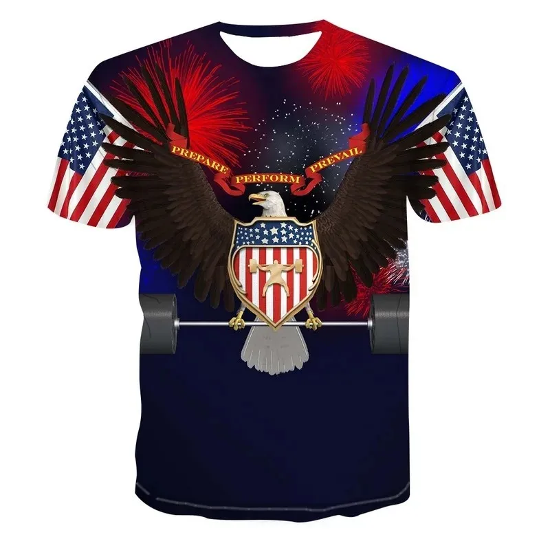 American Flag Gold Eagle 3D New Summer Print Trend Avant-garde Fashion Round Neck Short Sleeve Men's T-shirt Top Street Hip Hop