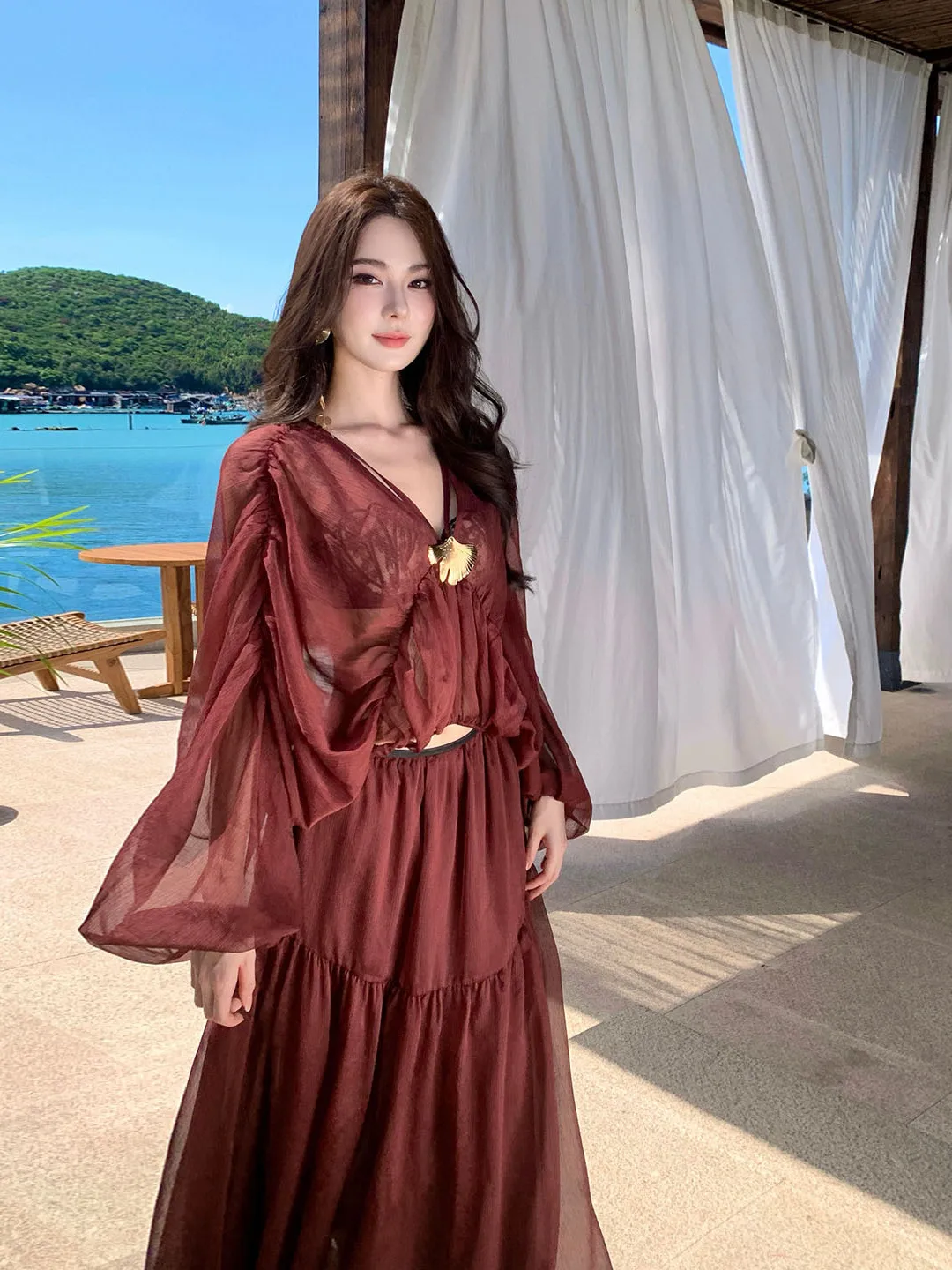 

Женский дорожный наряд на острове Юго-Восточной Азии, комплект из длинного кружевного топа и юбки с юбкой Beach Vaion, свободный крой, дышащий модный комплект