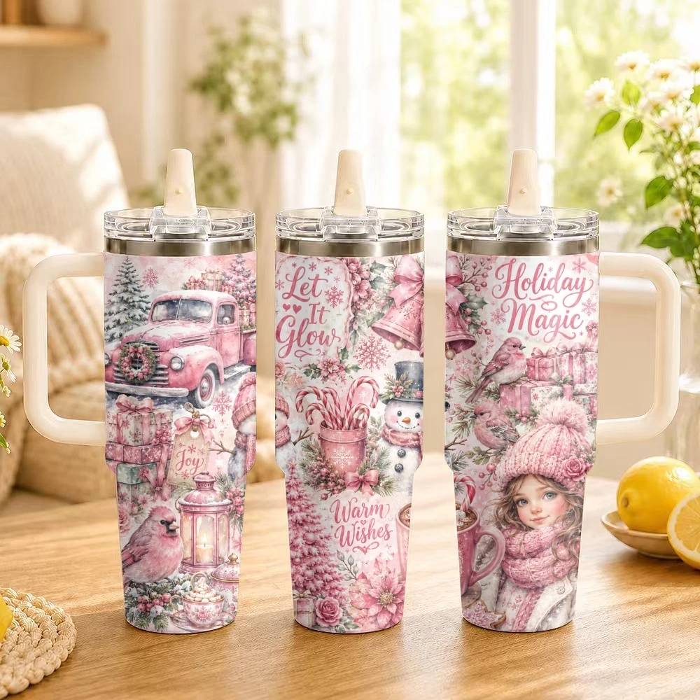 Pink Christmas Santa Vacuum Flasks 40oz Stainless Steel Insulated Tumbler Leakproof Vacuum Travel Mug Portable Coffee Cup