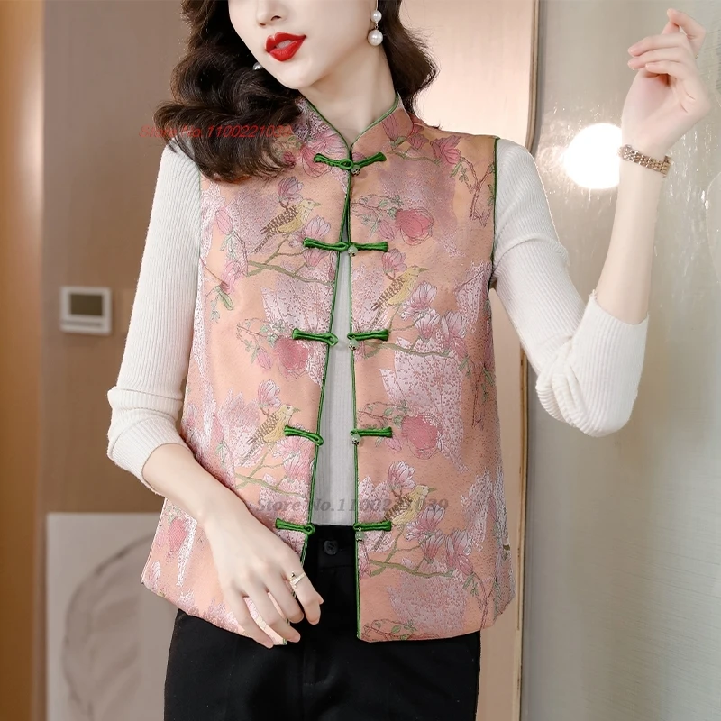 2024 chinese vintage hanfu tops national flower print folk vest sleeveless jacket traditional stand collar cotton-padded vest