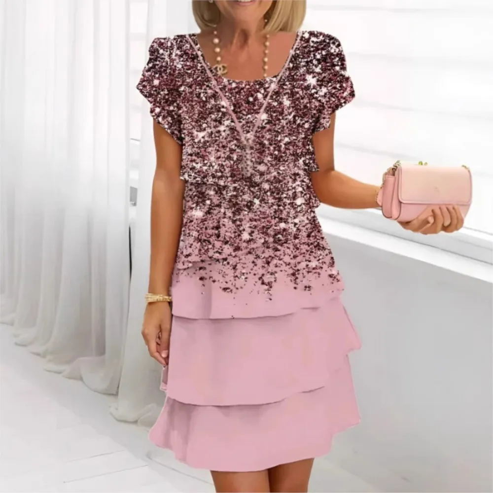 Moda em camadas babados vestido curto para o verão feminino casual impresso de manga curta solto elegante feminino praia férias vestidos