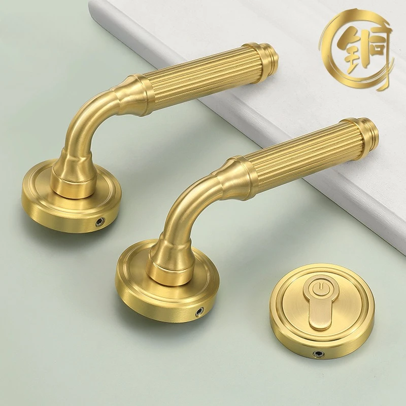 Yellow antique bronze key, entrance door handle with lock, outer door lock and key, bedroom retro door handle