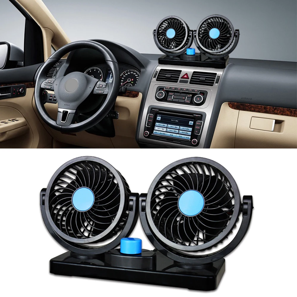 

12V Dual Head Car Powerful 360° Rotatable Small Portable Efficient Cooling Double Sided Self-Adhesive for Dashboard Armrest
