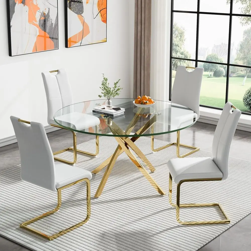 

Round Glass Dining Set with 4 Leather Chairs