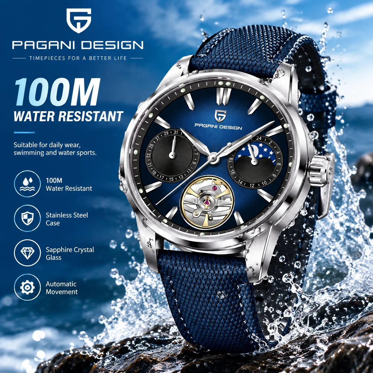 PAGANI DESIGN Men's Automatic Mechanical Watch, PD-YS021 Classic Hollow Shape, 100M Waterproof, Super Luminous.