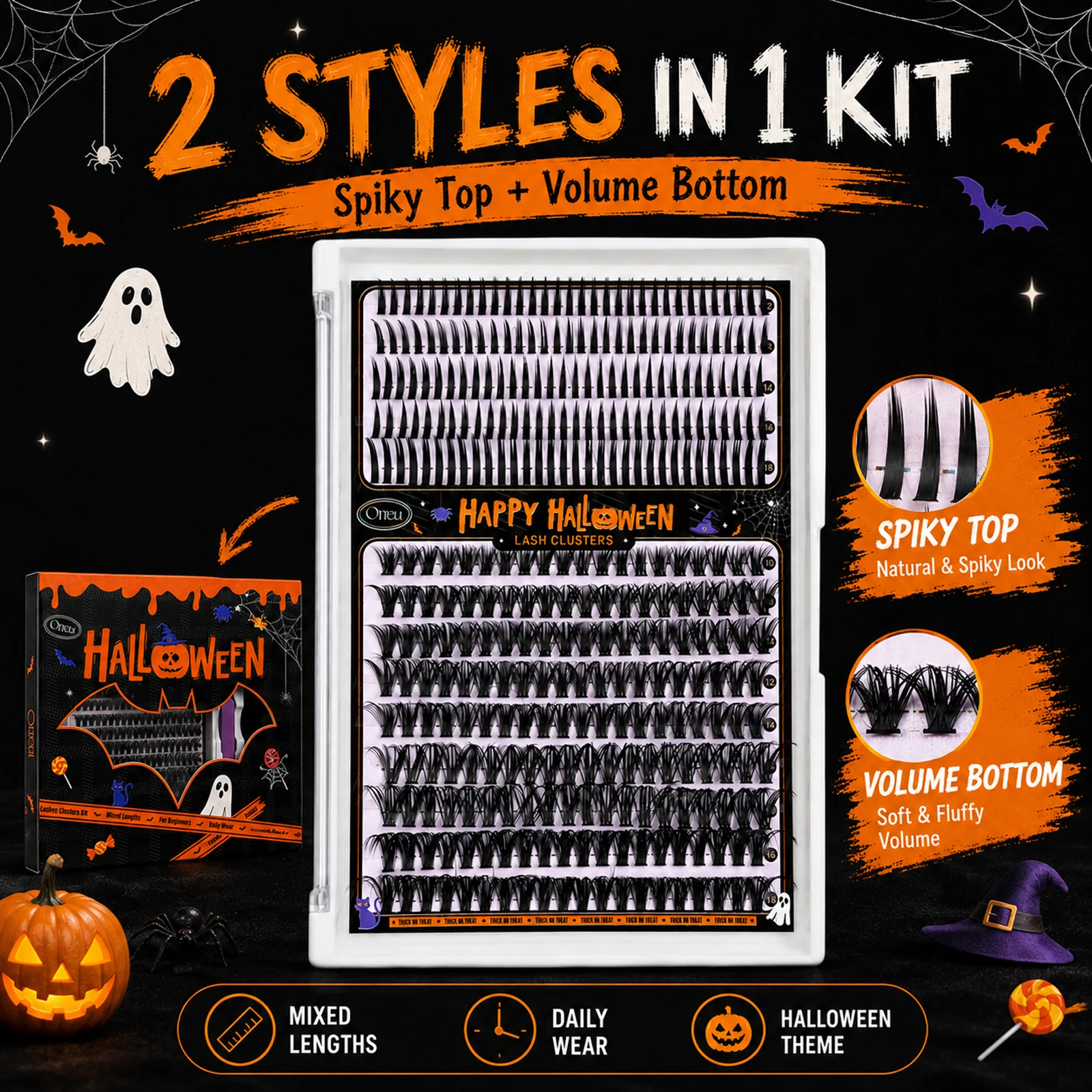 DIY Lash Cluster Kit with Bond and Seal Glue, Tweezers and Brush, Spiky Wispy False Eyelashes for Home Extensions