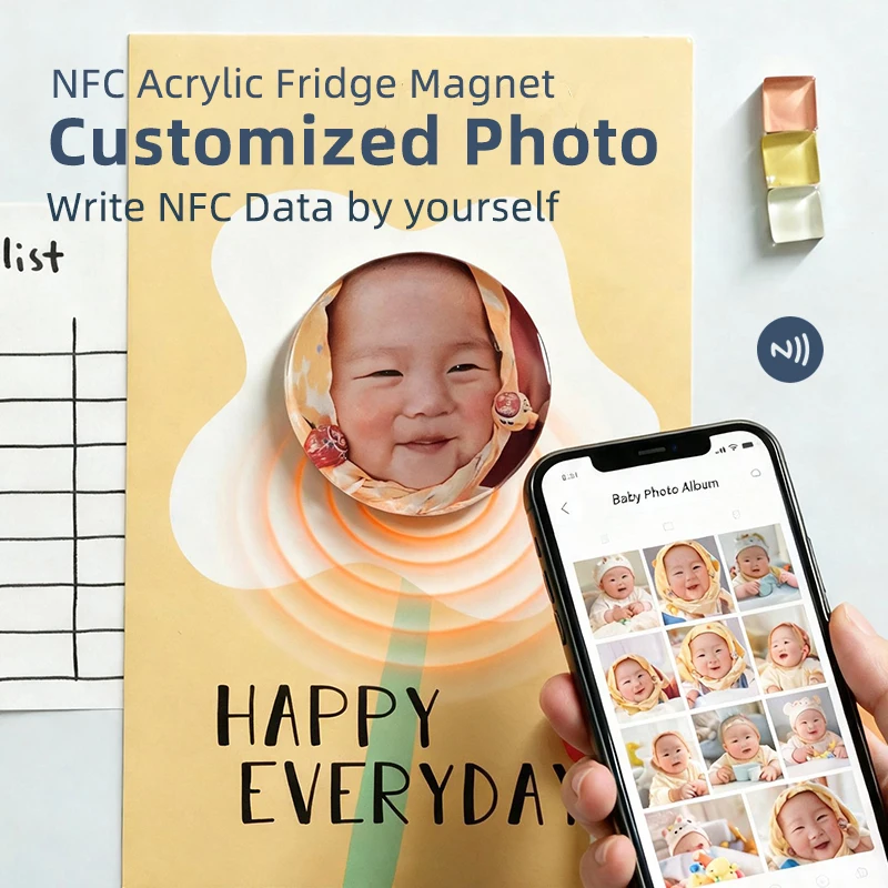 Round NFC Record Fridge Magnets 5cm Custom Photo Acrylic Refrigerator Magnet Write Your Data Baby Album Music Kitchen Home Decor