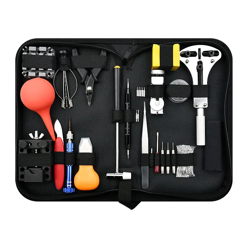 مجموعة أدوات إصلاح الساعة 153 مع فتح الغطاء الخلفي/استبدال الحزام، بما في ذلك كرة نفخ/عدسة مكبرة/رأس دفعة رقمية