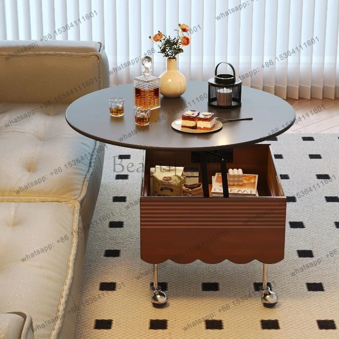 HOT boxwood solid wood coffee table living room multi-functional lifting mobile medieval retro rock slab coffee table