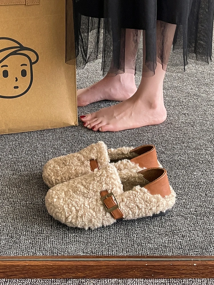 Cover Toe Shoes Woman\'s Slippers Slides Low Flock Loafers Fur Flip Flops 2023 Summer Flat Plush with fur Rubber  Basic