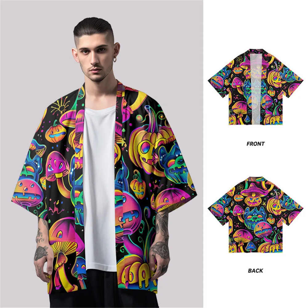 

Harajuku Pumpkin Mushroom Print Cardigan Haori Women Men Loose Yukata Asian Clothing Japanese Beach Kimono