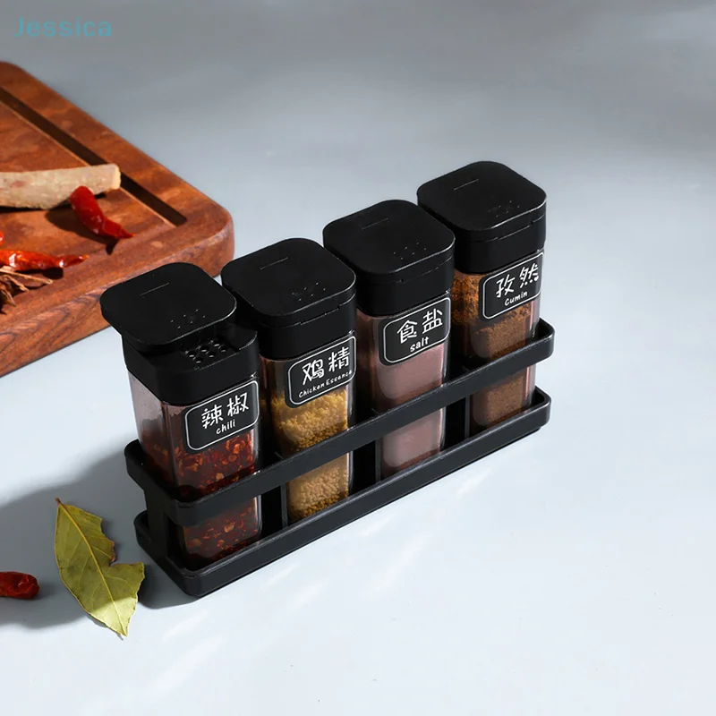 ♥ Garrafa de especiarias de churrasco de quatro grades de plástico conjunto de combinação doméstica pote de pimenta de sal cozinha selada recipiente de especiarias à prova de umidade