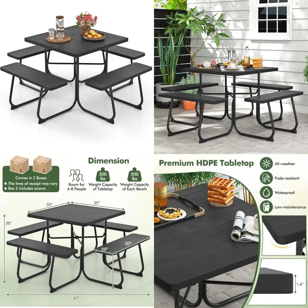 

"8 Seater Outdoor Picnic Table Set with Benches, Complete with Umbrella Hole and Durable HDPE Construction on Metal Frame"