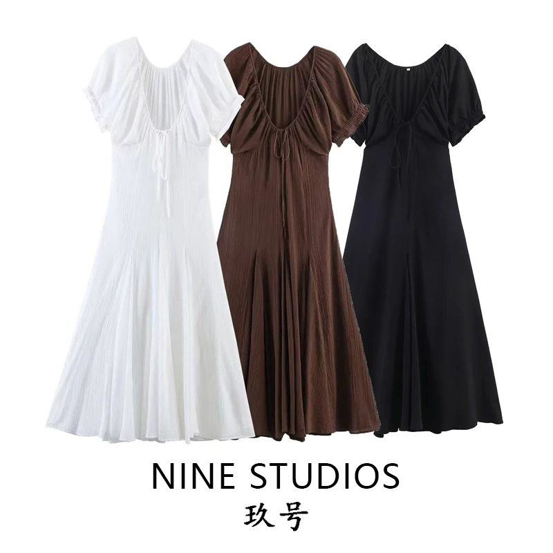 Vestido midi de malla a la moda con manga corta, ropa de mujer NINE ZAR, estilo europeo, cintura alta, poliéster