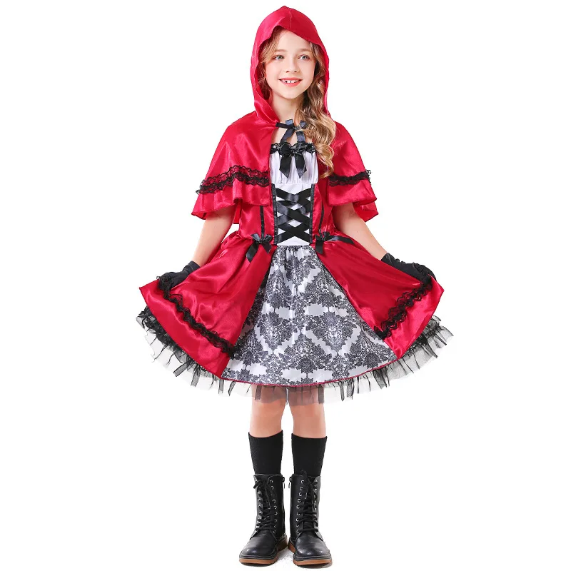 

Kid Girls Little Red Riding Hood Dress Children's Day Girl Fairy Tale Stage Performance Clothes Halloween Costume Cosplay Dress