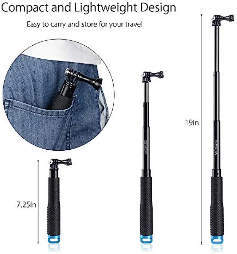 48cm Aluminum Alloy Extendable Handheld Selfie Stick Telescoping Pole for GoPro Hero 12 11 10 9 8 7 OSMO Action Xiaoyi SJCAM Eke