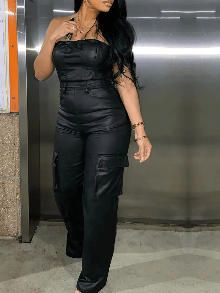 LW Bandeau Black Jumpsuits Faux Leather Sexy Plain Pocket One Piece Casual Plain Streetwears PU Sleeveless Long Pants