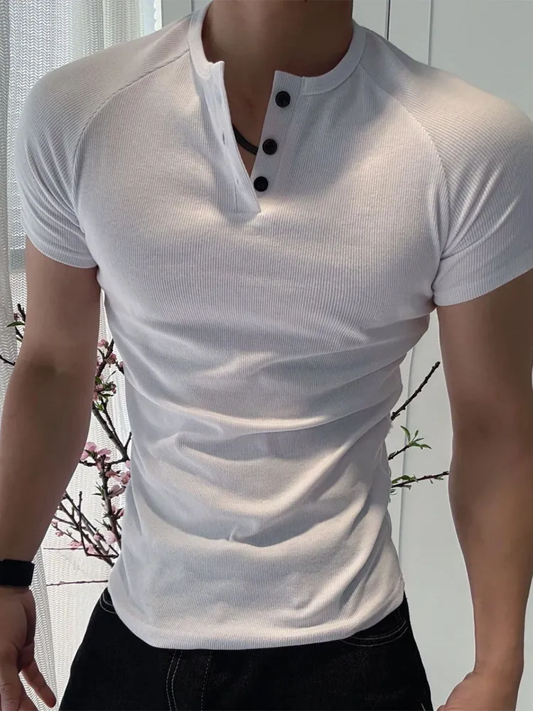 White Fitness Sport Henry Shirt Button Short Sleeve Men's Slim Fit Muscle Highlighting T-Shirt Heavy Training Clothes Trendy