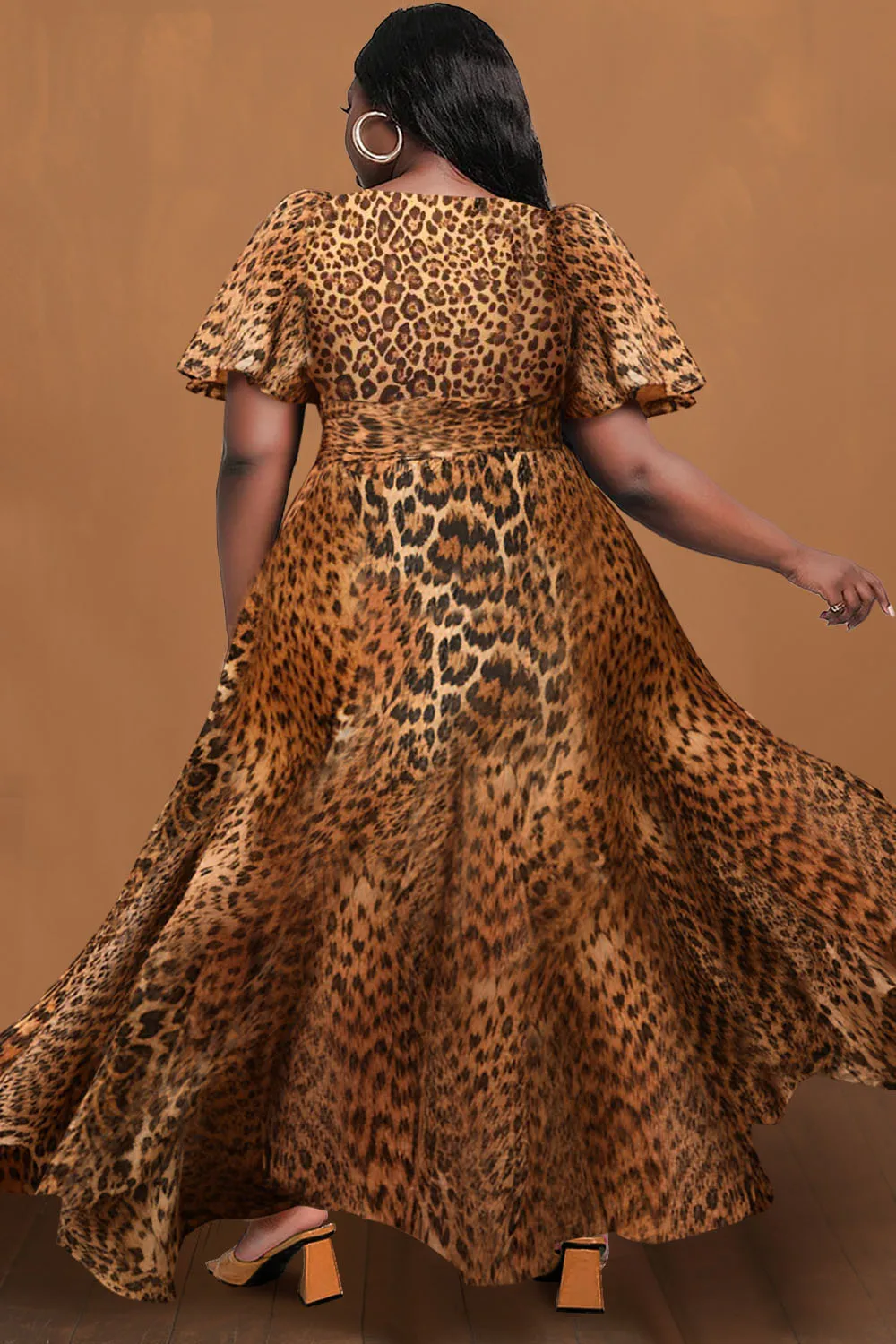 Plus Size Semi Formal Midi Dresses Brown Leopard Wrap Neck Puff Sleeve Short Sleeve Pleated Chiffon Midi Dresses