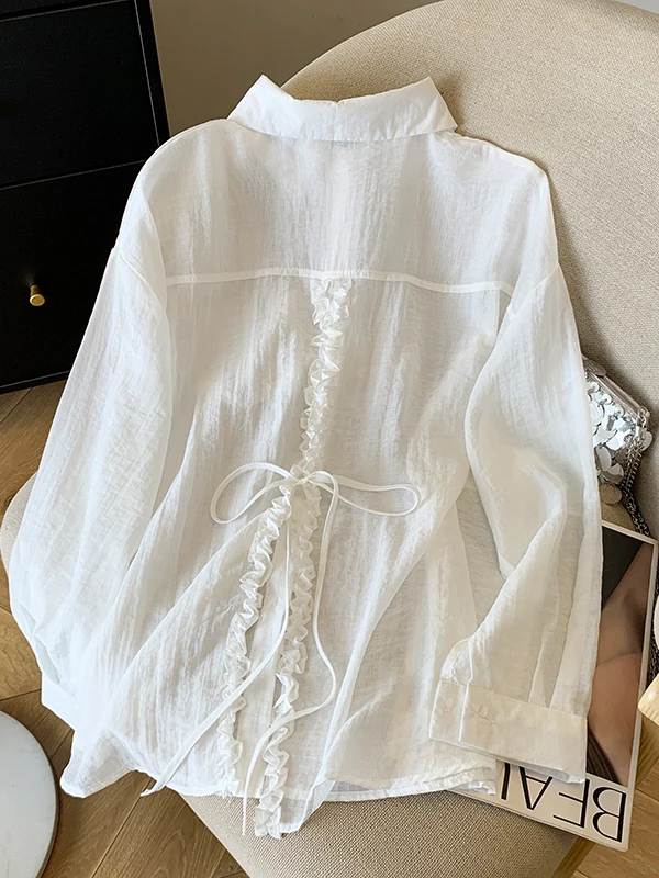 

Summer New Design Women's Shirt Back Strap Gored Hem Wooden Ear Sunscreen Top Cotton Linen Bubble Sleeve Collar