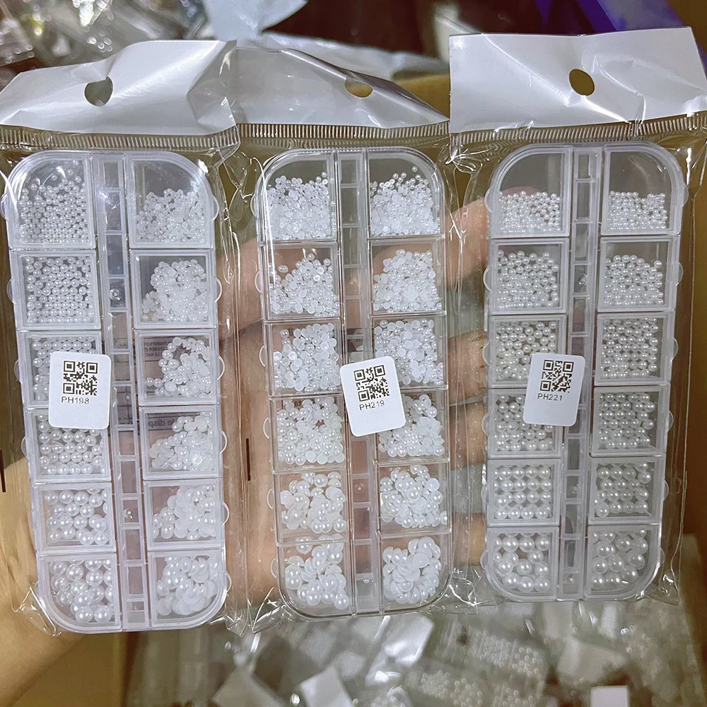 12Grid 3D White Pearl Beads Nail Charm Mixed Size Round/Semicircle Flatback Pearls Nail Art Rhinestone DIY Manicure Decoration