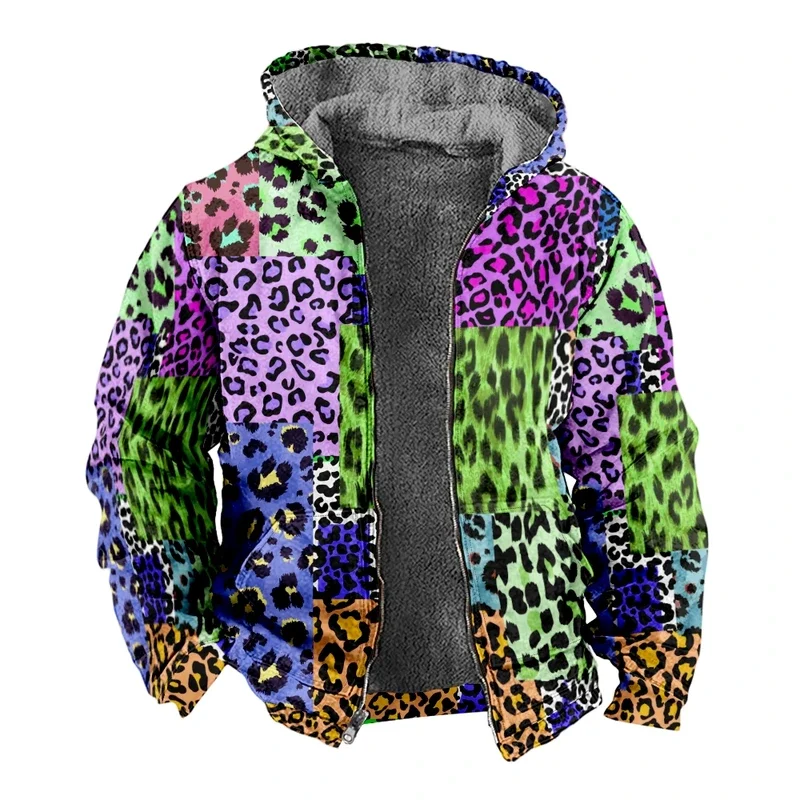 Street autumn winter fleece zip up hoodies original Leopard patchwork digital print men parka coat jackets outerwear sweatshirts