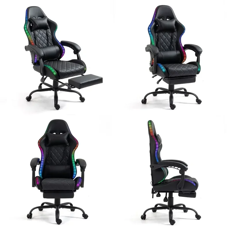 Wholesale Ergonomic Reclining Swivel Gaming Chair with Footrest Black PU Leather RGB LED Light Massage Office Computer Seat