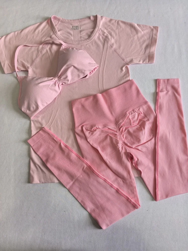 

Pink Cycling Sports Suit Three-piece Stretch Bra Women's Yoga Trousers Breathable Short-sleeved Hip-lift Printed Sportswear