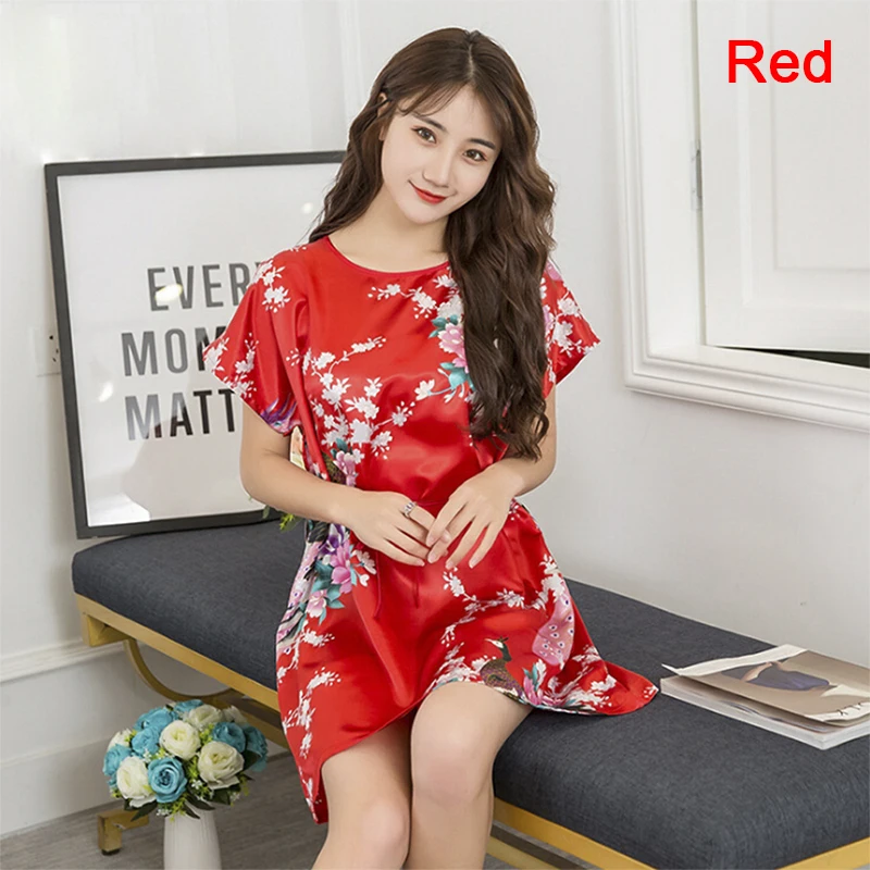 Women Short Sleeve Satin Sleepwear Silk Nightgown Nightdress Women Night Dress Ladies Fuax Silk Robes Nightwear