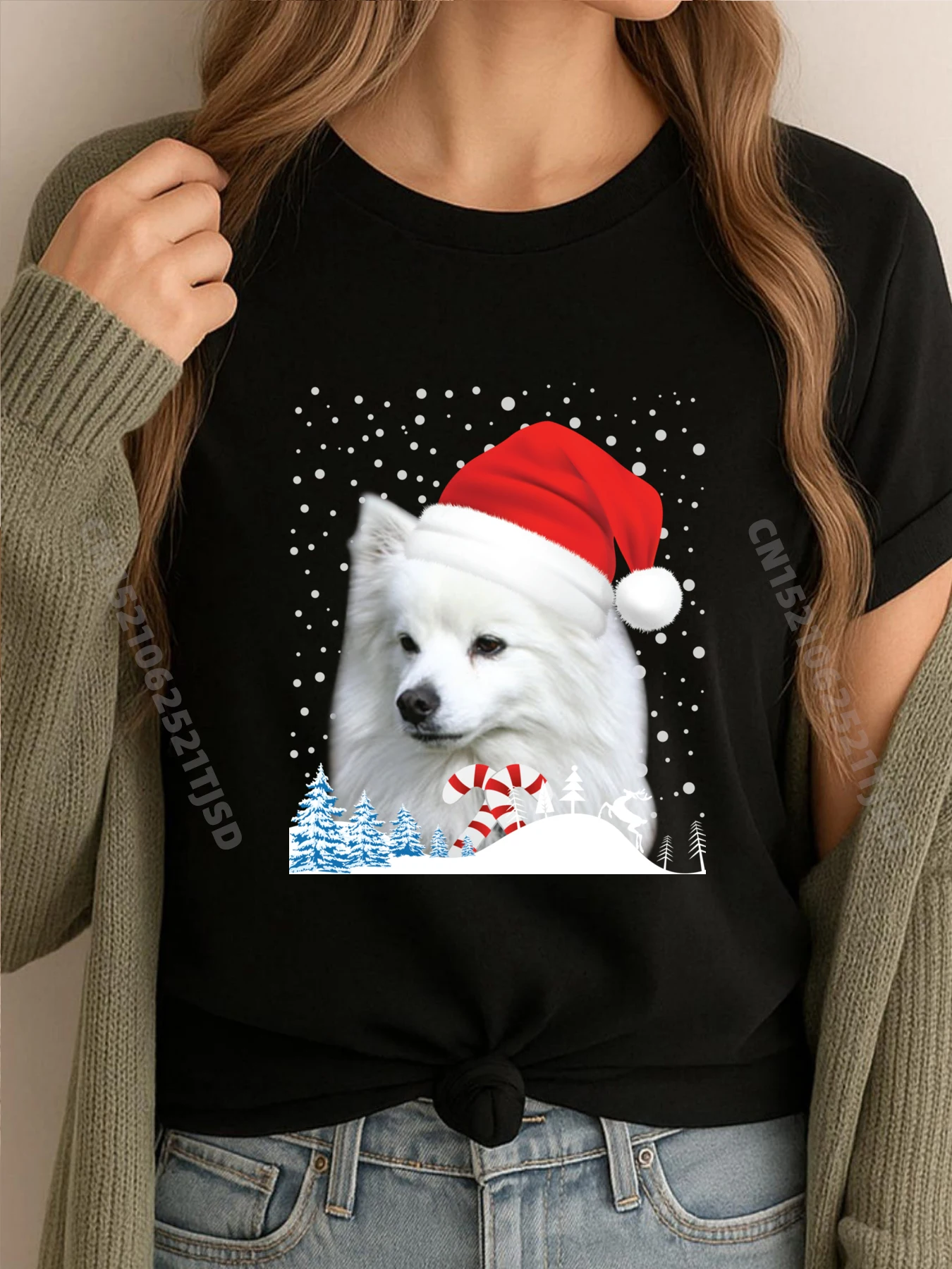 

Американская эскимосская собака, уродливый рождественский свитер, шляпа Санта-Клауса, рождественская дизайнерская футболка, женская забавная рубашка, Пасхальный день