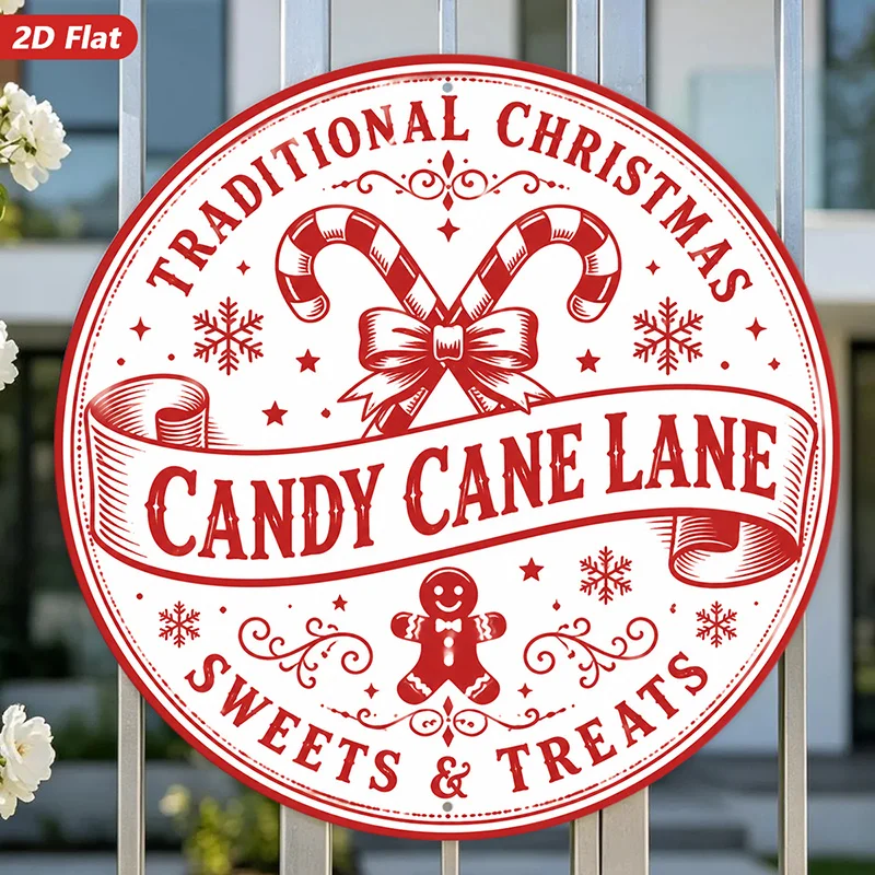 2D Flat, 1 Candy Cane Lane Round Sign Wall, Dessert and Snack Information, Vintage Red Home Decor, Gingerbread for Man Snowflake