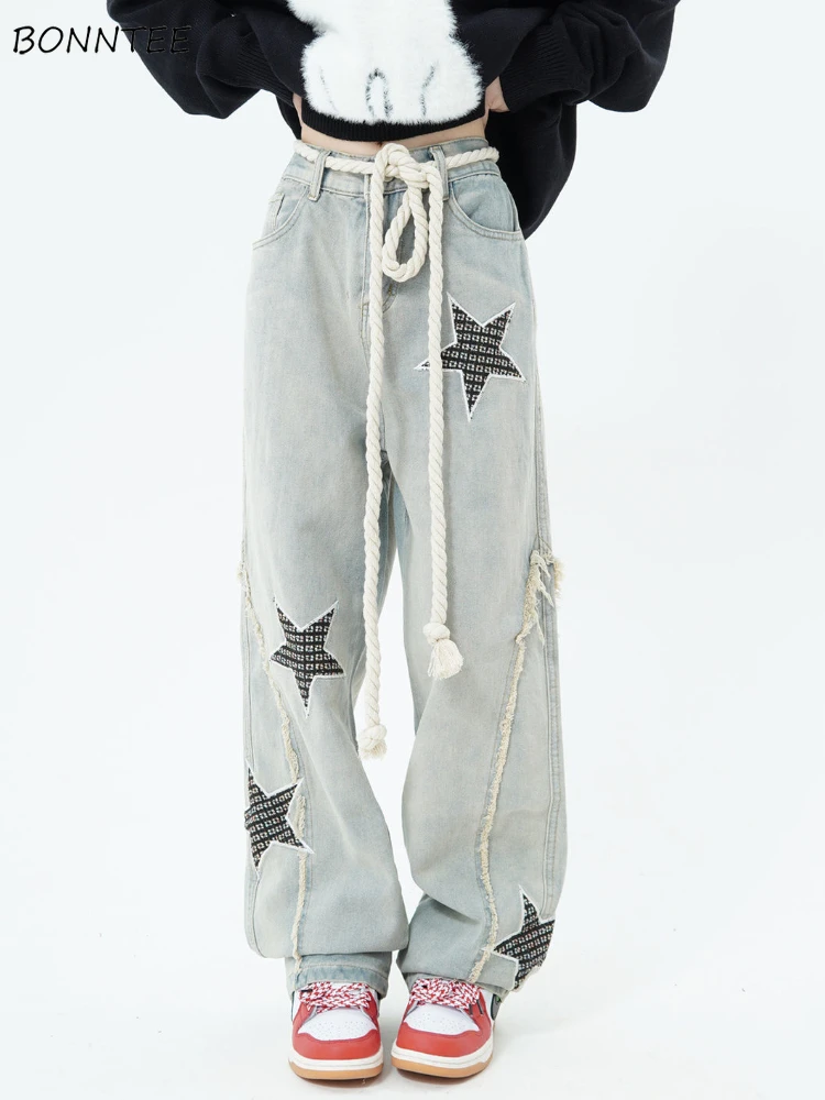 

Wide Leg Jeans Women Chic Y2k American Retro High Street Casual Baggy Embroidery Stars Fashion All-match Autumn Unisex Harajuku