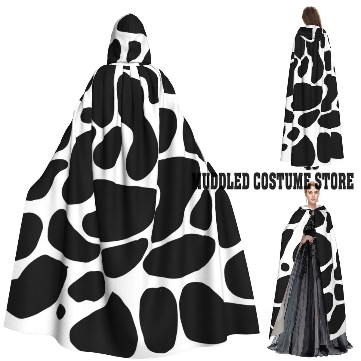 

Cow And Dalmatian Spot Pattern Long Hooded Cloak Witch Medieval Costume Cosplay Cape HalloweenCoat Adult Unisex