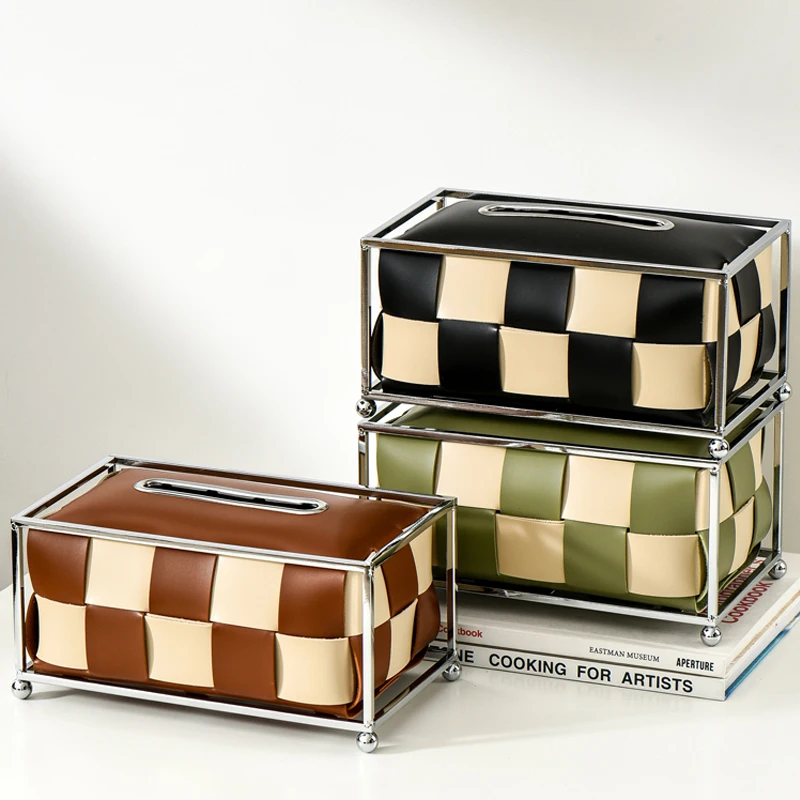 

Light Luxury Style Wrought Iron Leather Checkerboard Tissue Box Living Room Woven Paper Box Restaurant Tissue Home Storage Box