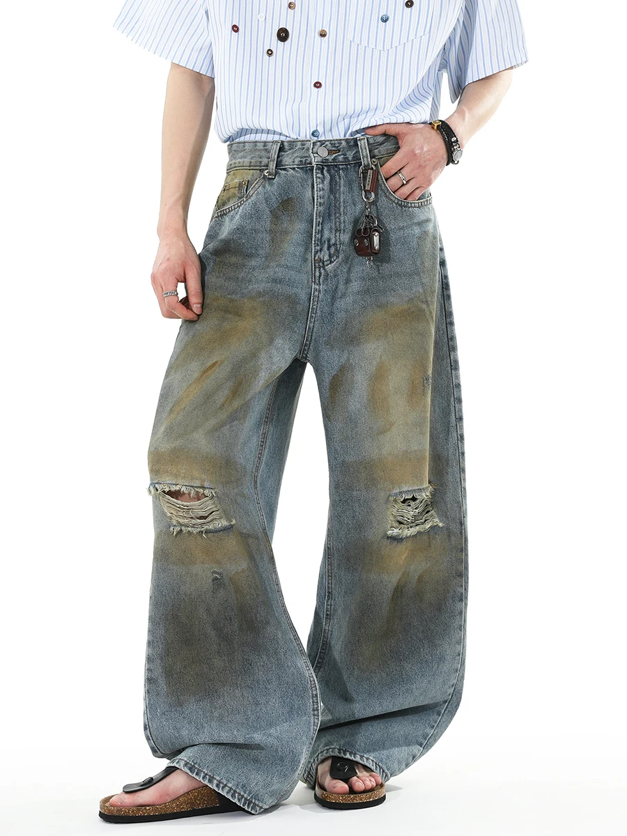 

BLRY American Retro Tie Dye Design Hole Long Jeans Casual Straight Leg Jeans Floor Length Summer 2025 Youth Jeans