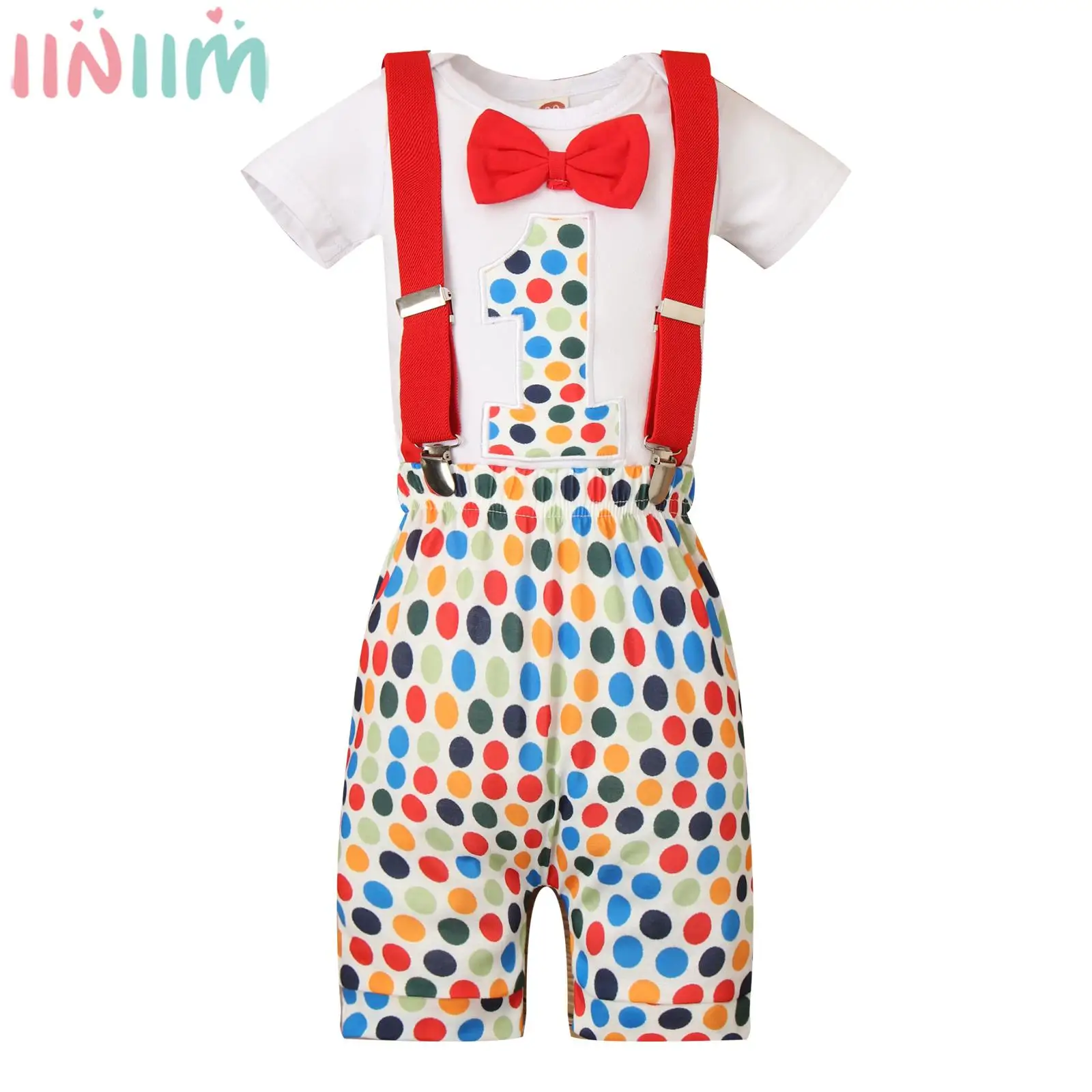 

Baby Boys 1st Birthday Outfit Christening Gentlemen Romper Short Sleeve Bow Bodysuit with Suspender Shorts for Party Photography