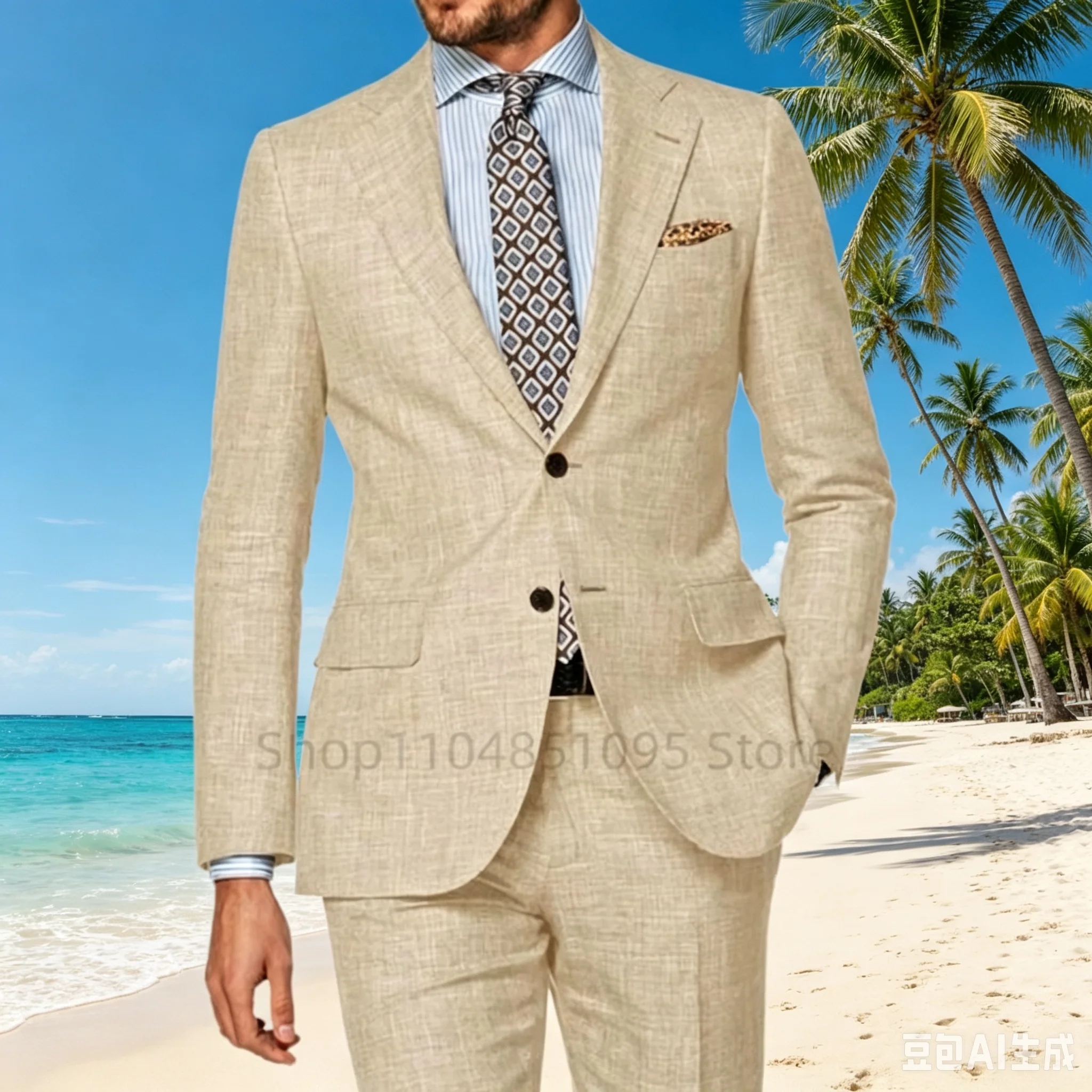 

2 Piece Men's Beige Linen Suit Beach Wedding Suit Summer Slim Fit Linen Suit Groomsmen For Wedding Party Prom(Blazer+Pants)