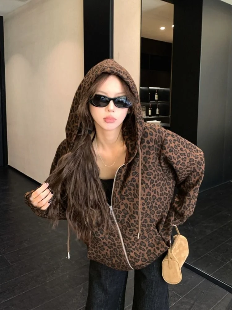 American Style Loose Fit Leopard Print Hooded Open Cardigan Women's Early Autumn New Lazy Style Design Sense Top