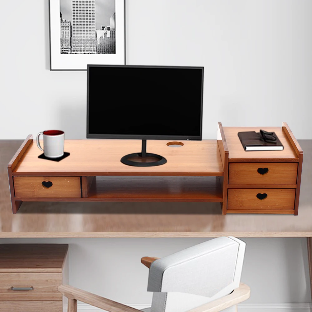3-laags bamboe monitorverhogerstandaard met laden, 69x23x17cm grote desktoporganizer, draagvermogen 50kg, ergonomische kantoorplank