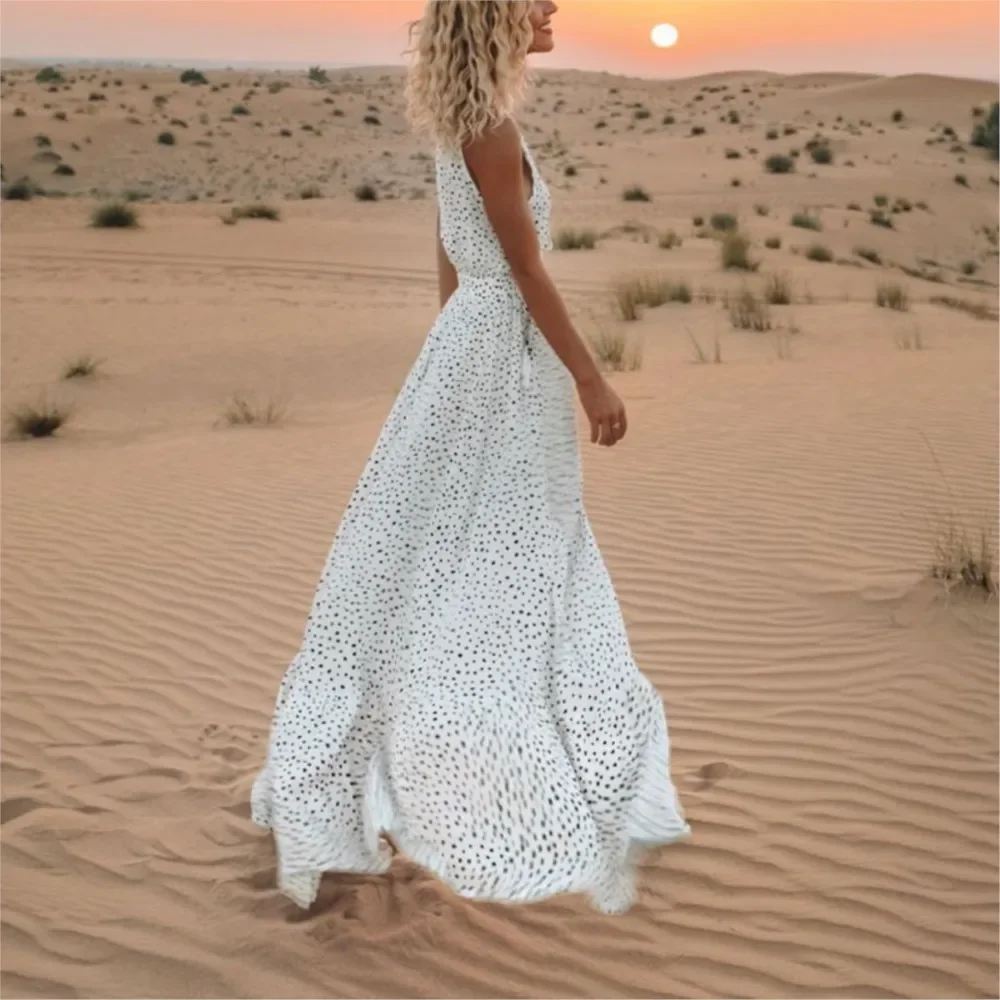 Vestido largo sin mangas con estampado de moda, vestido informal bohemio de verano con cuello en V, vestido holgado de corte A, vestido elegante para fiesta en la playa, bata para mujer