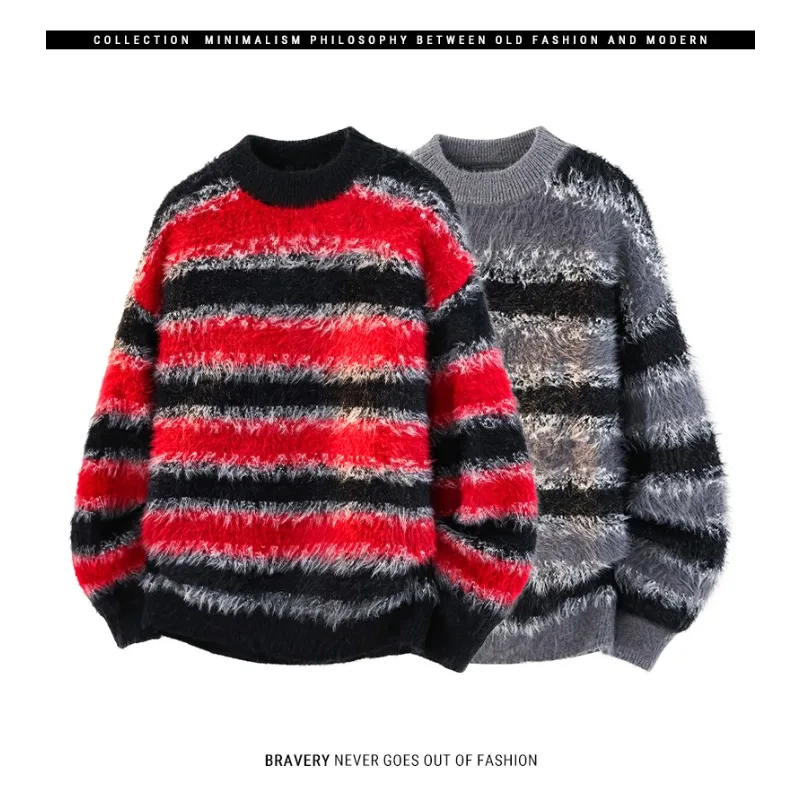 

Outdoor Mens Cycling Sweatshirt Red and Black Contrasting Laid-back Style Sweater Mens Retro Striped Sweater Round-neck Sweater
