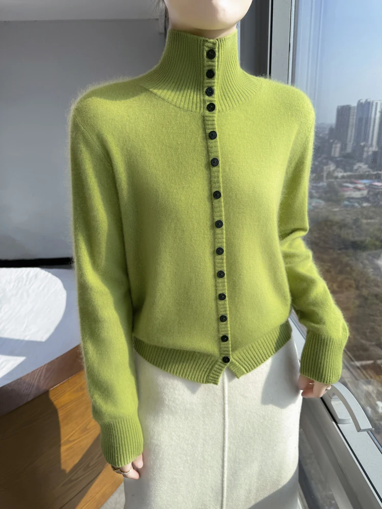 

Модный женский кардиган из 100% мериносовой шерсти, свитер с воротником-стойкой, однотонный базовый вязаный кашемировый утолщенный мягкий топ с длинными рукавами