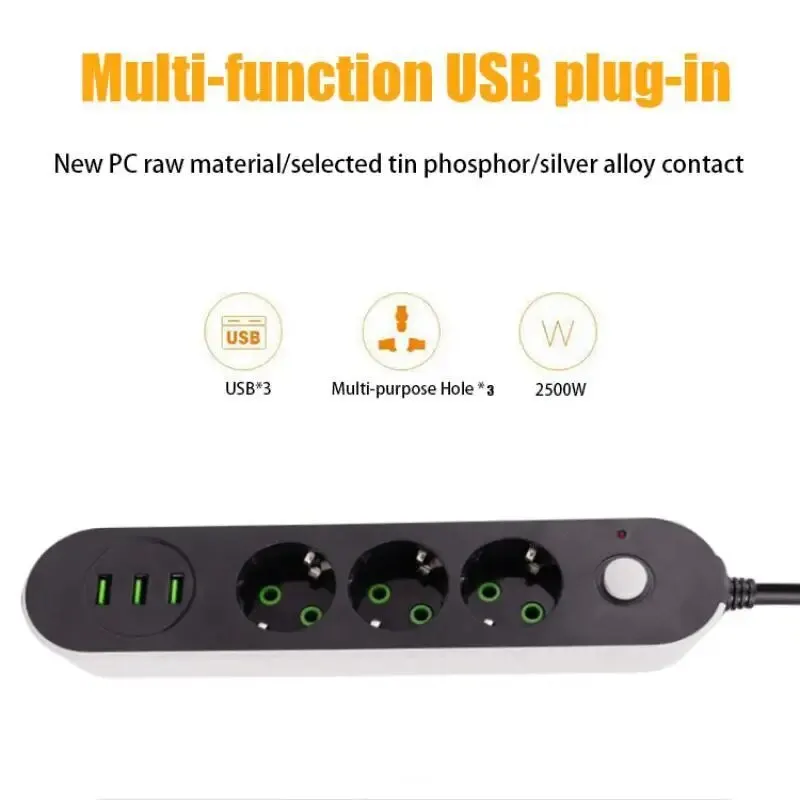 Round Power Strip USB Travel Adapter Socket Power Plug Eu 2M 3M Extension Cable Kitchen Household Use Universal Charger